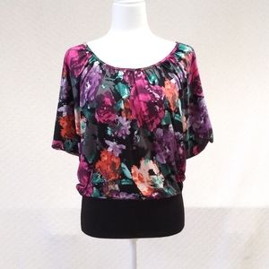 Candie's Floral Dolman Black Banded Waist Top